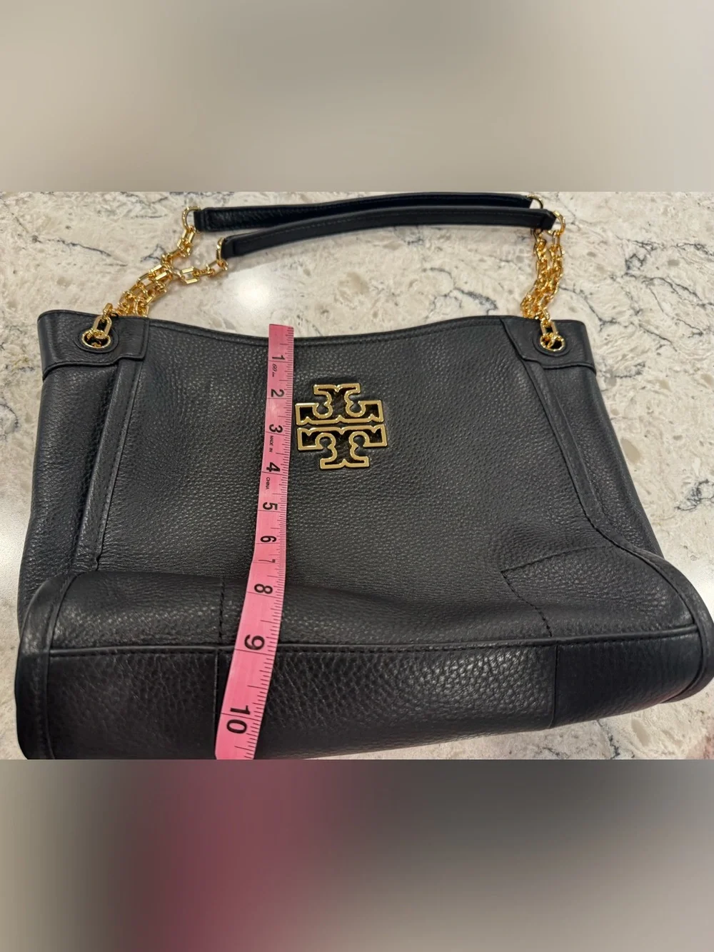 Tory Burch Black Leather Shoulder Tote with Gold Logo & Chain